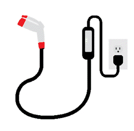 Electric vehicle charging station with a charging plug.