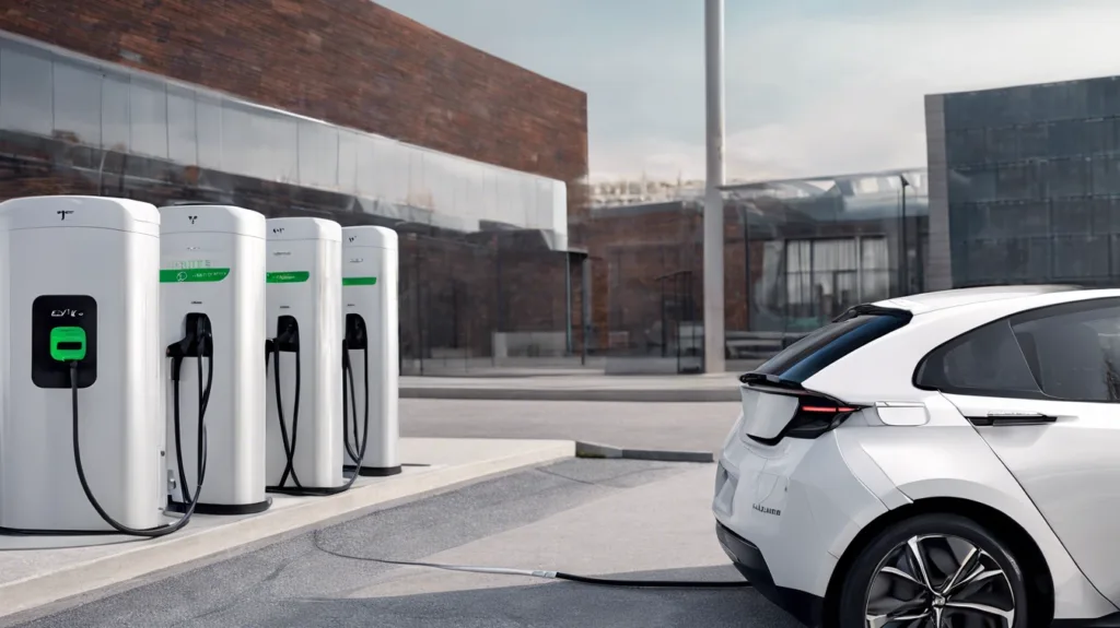 Electric car charging at a modern station outside a building.